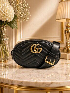 Authentic Gucci GG Marmont Belt Bag Black Leather Gold Logo